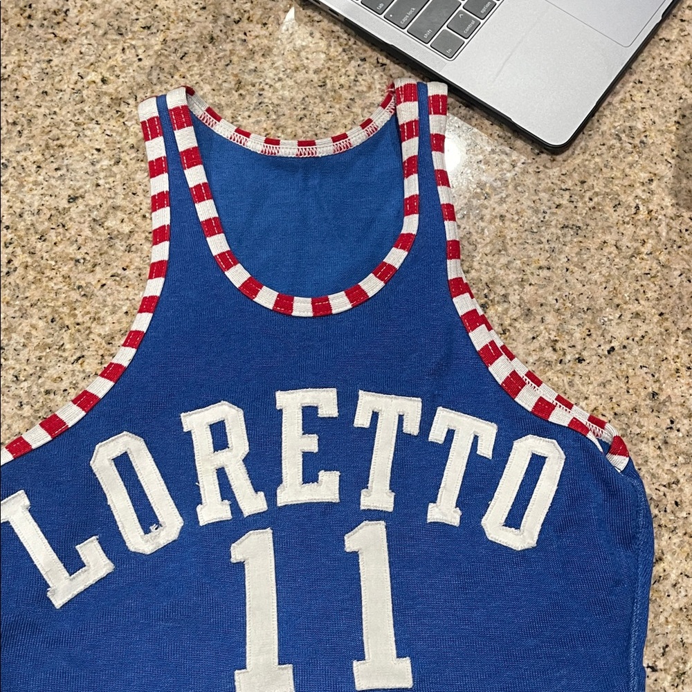 Blue Loretto Tank Top with Red and White Trim